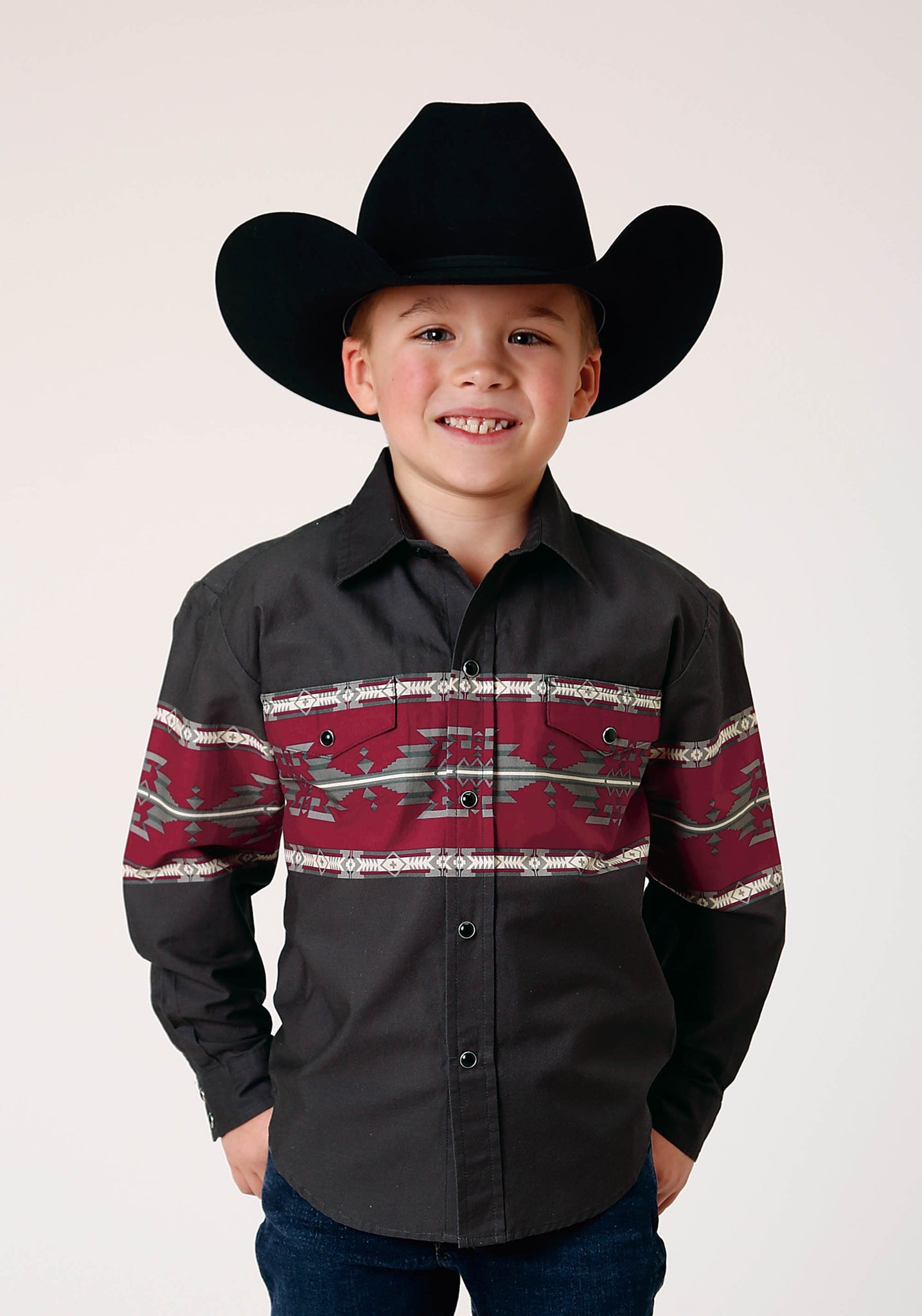Camisa vaquera de manga larga con borde azteca y broches Roper para niño (03-030-0431-0107 BL)