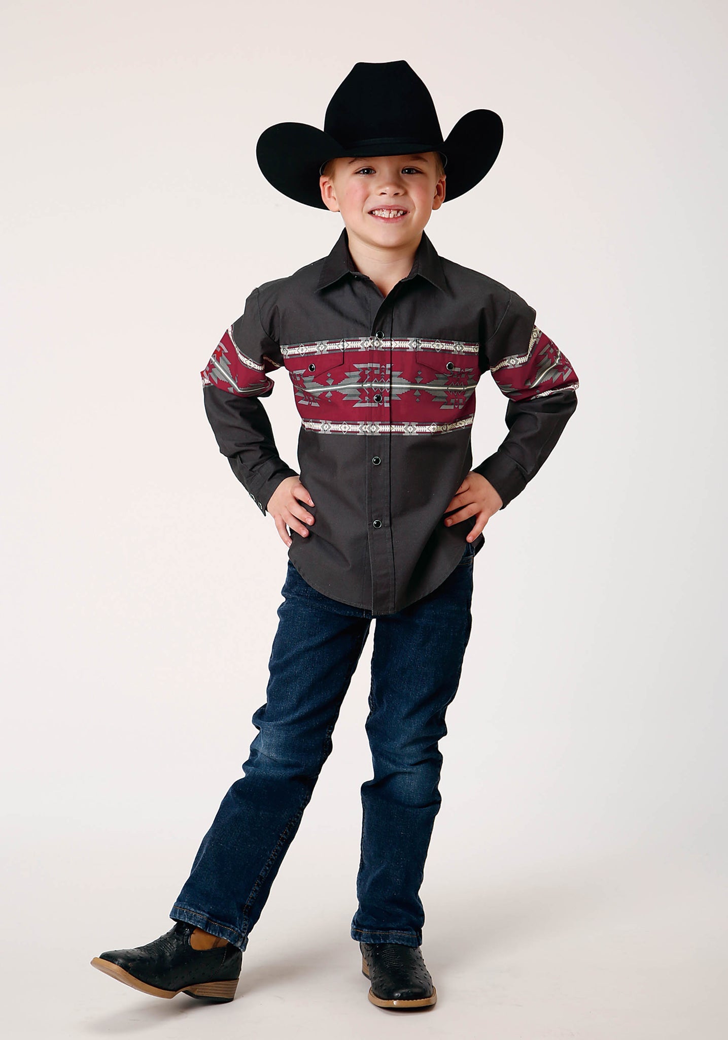 Camisa vaquera de manga larga con borde azteca y broches Roper para niño (03-030-0431-0107 BL)
