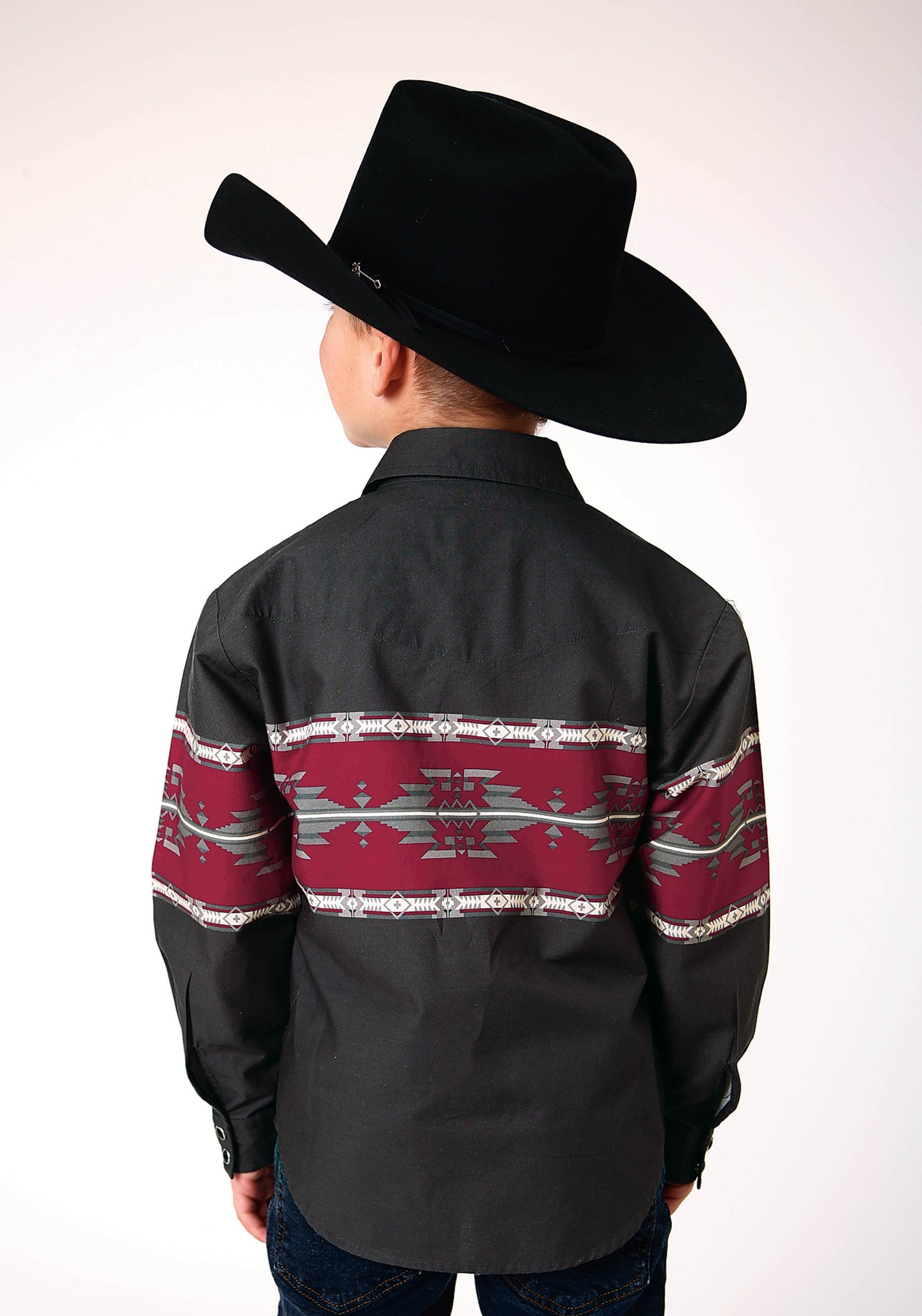 Camisa vaquera de manga larga con borde azteca y broches Roper para niño (03-030-0431-0107 BL)