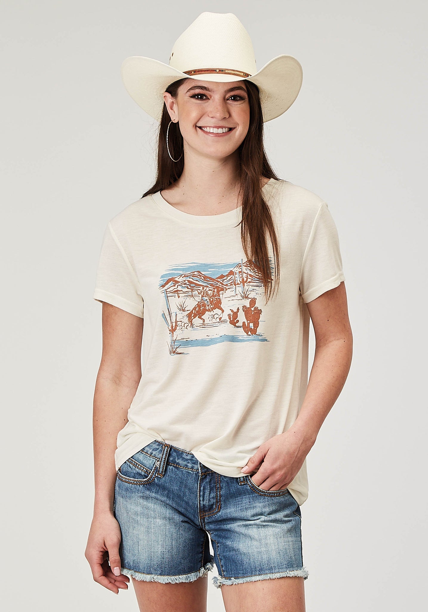 Roper Women's Short Sleeve Cream Poly Rayon Tee with Screen Print Decoration (03-039-0513-2020 WH)
