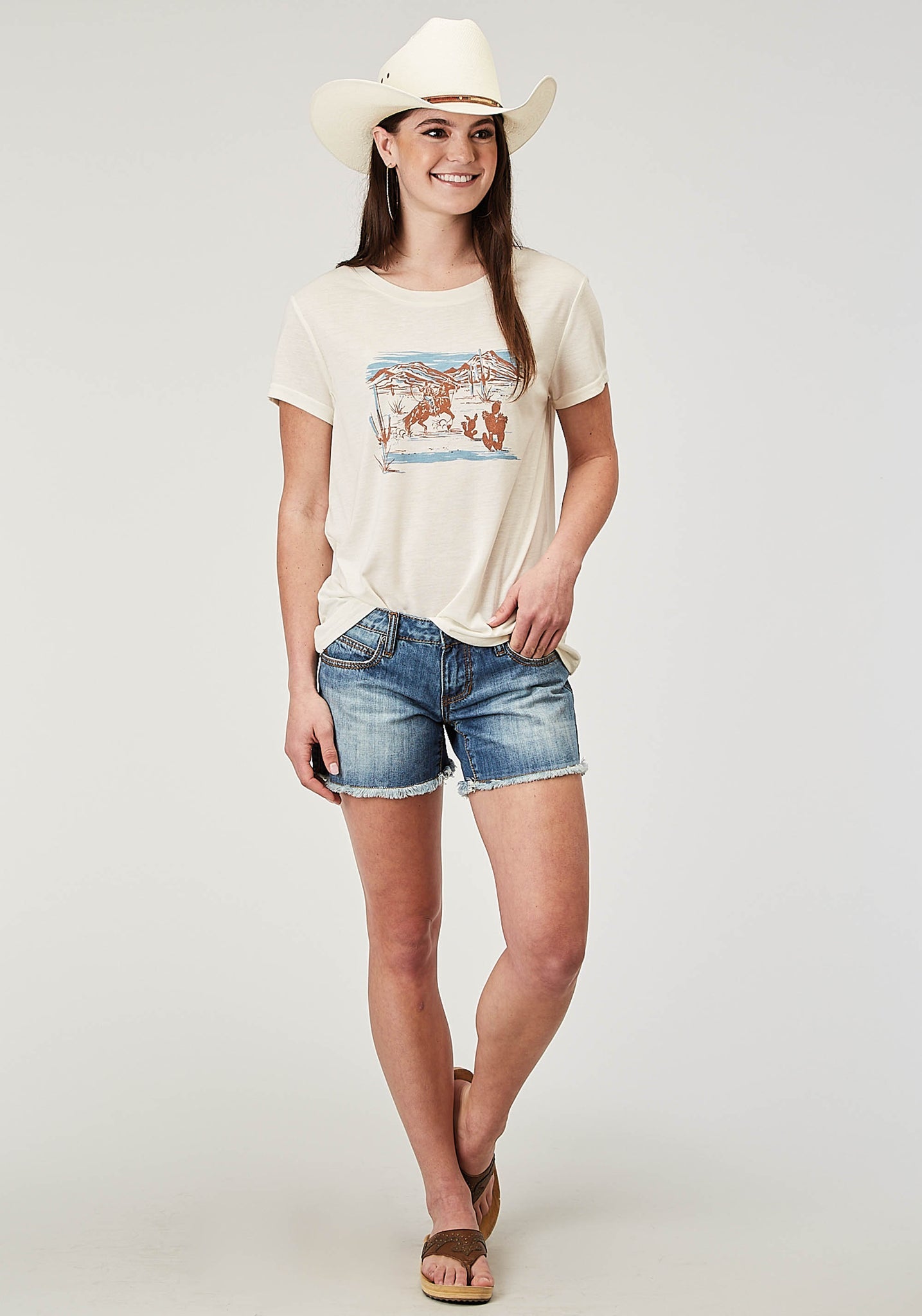 Roper Women's Short Sleeve Cream Poly Rayon Tee with Screen Print Decoration (03-039-0513-2020 WH)