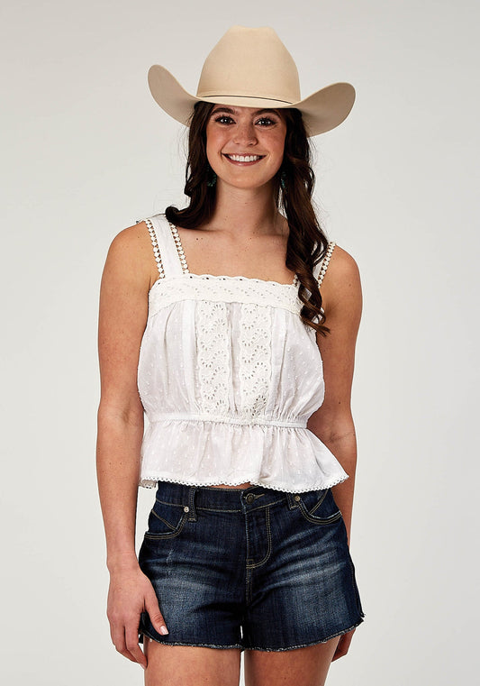 Roper Women's Sleeveless Swiss Dot Cotton Tank Top with Peplum Hemline and Eyelet Trim (03-052-0565-2007 WH)