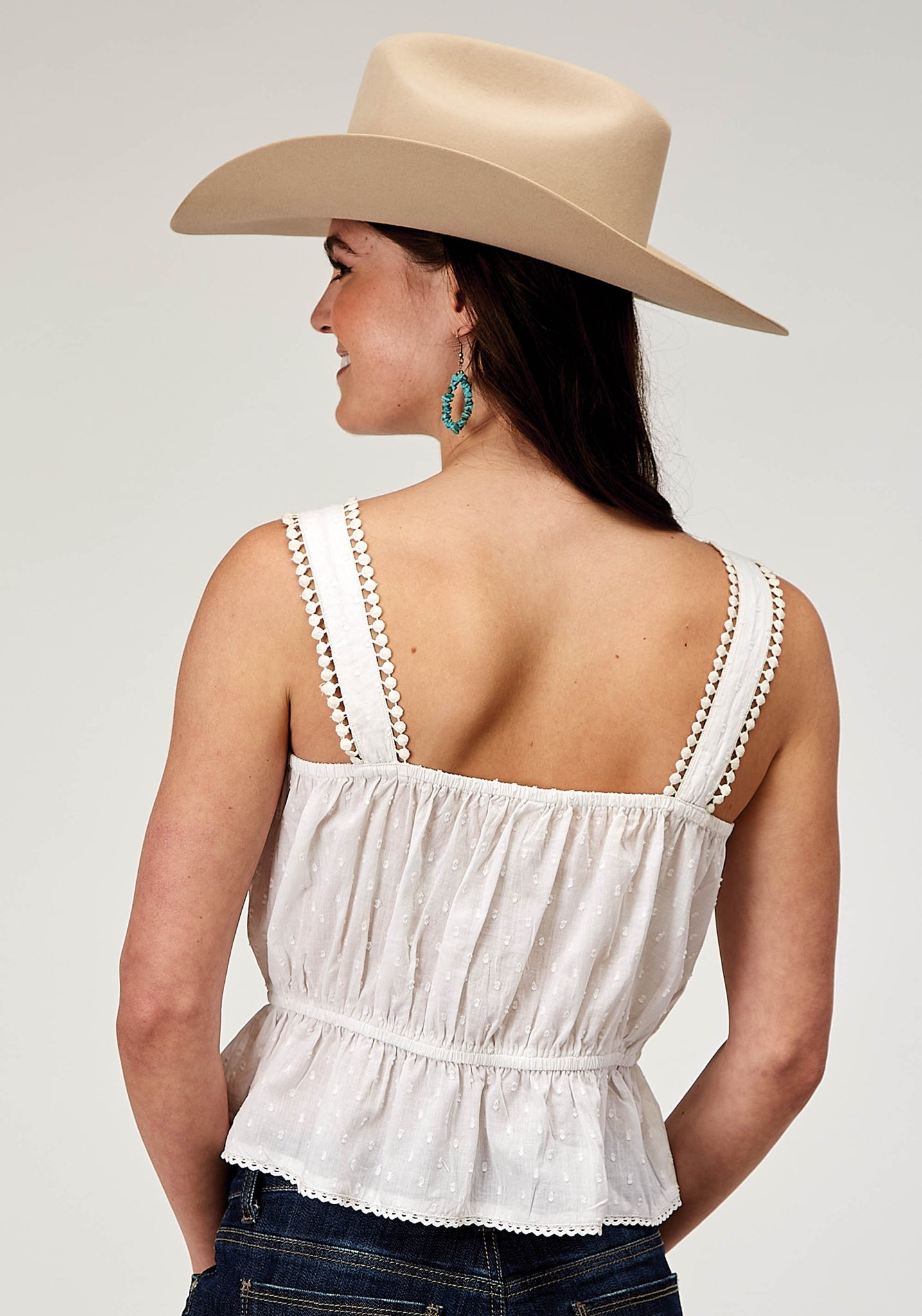 Roper Women's Sleeveless Swiss Dot Cotton Tank Top with Peplum Hemline and Eyelet Trim (03-052-0565-2007 WH)