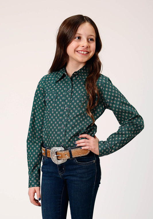 Roper Girl's Long Sleeve Snap Croshort Sleeve Walk Foulard Western Shirt (03-080-0225-1001 BU)