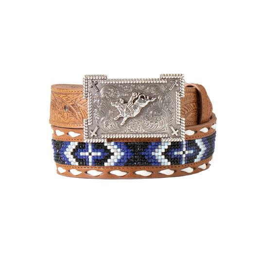 3D Belt Company Boy's Feather Embossed Blue Beaded Inlay Belt (D120003327)