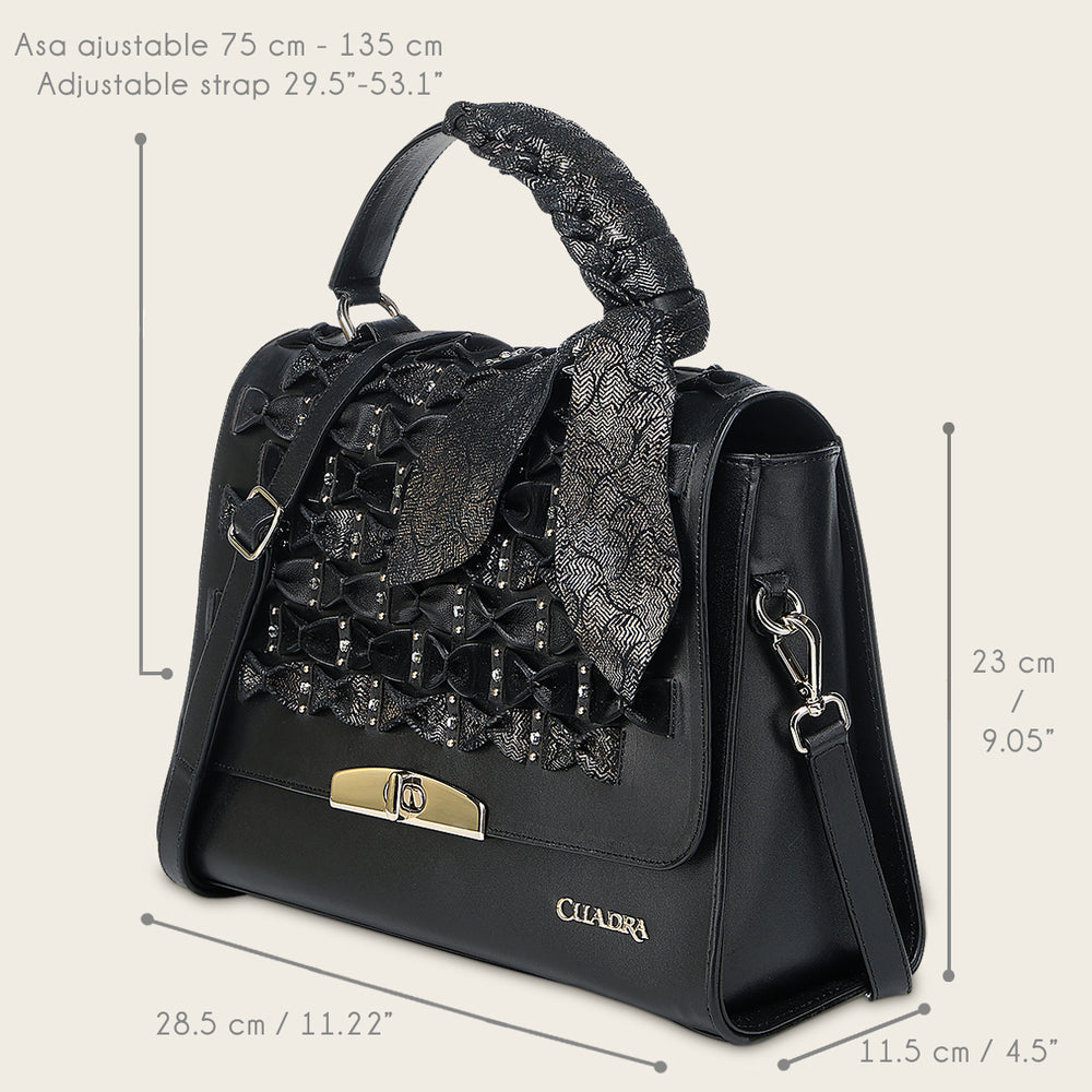 Cuadra Women's Luxury Black Handbag in Genuine Bovine Leather with Crystals (DU743/BOD3MRS Res Azteca Negro)