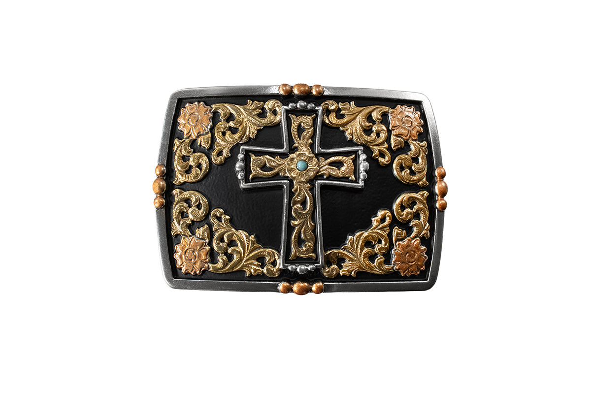 Nocona Rectangle Multi-Finish Cross Belt Buckle (37962)