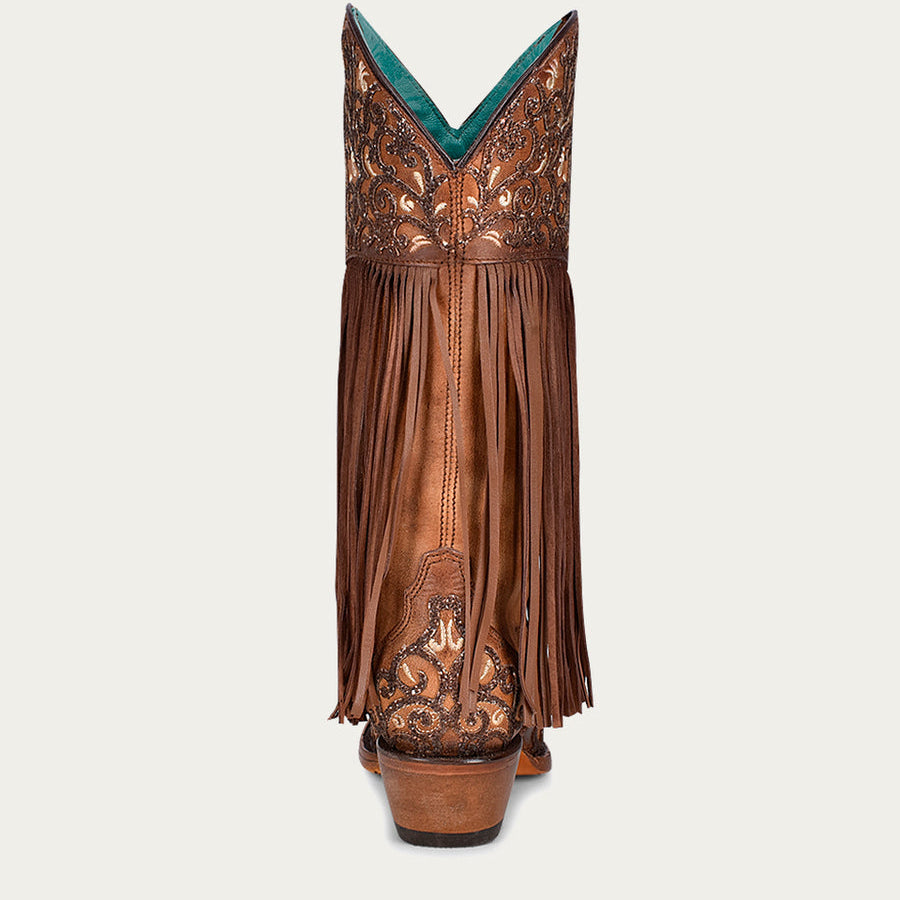 Botas vaqueras Corral para mujer, con bordado superpuesto blanco, flecos de cordero y punta recortada color miel (C3876-M / Honey Lamb)