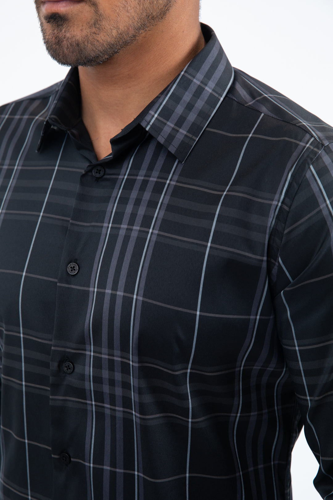 Camisa Platini de manga larga a cuadros para hombre (CHL11298 Negro)