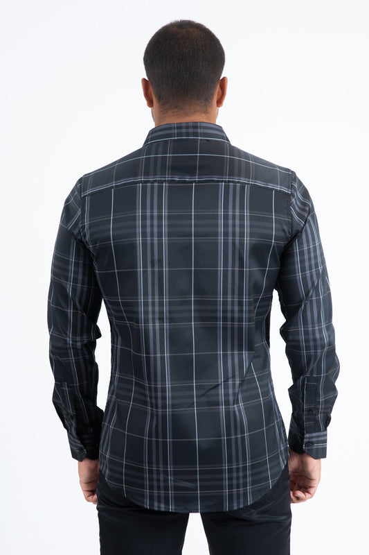 Camisa Platini de manga larga a cuadros para hombre (CHL11298 Negro)