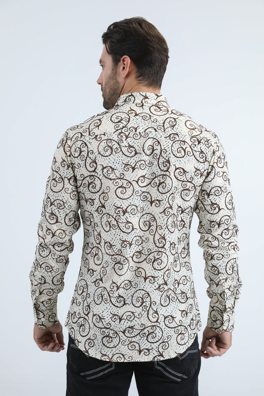 Camisa Platini de licra beige con corte moderno y flocado para hombre (MFL11180 Beige)