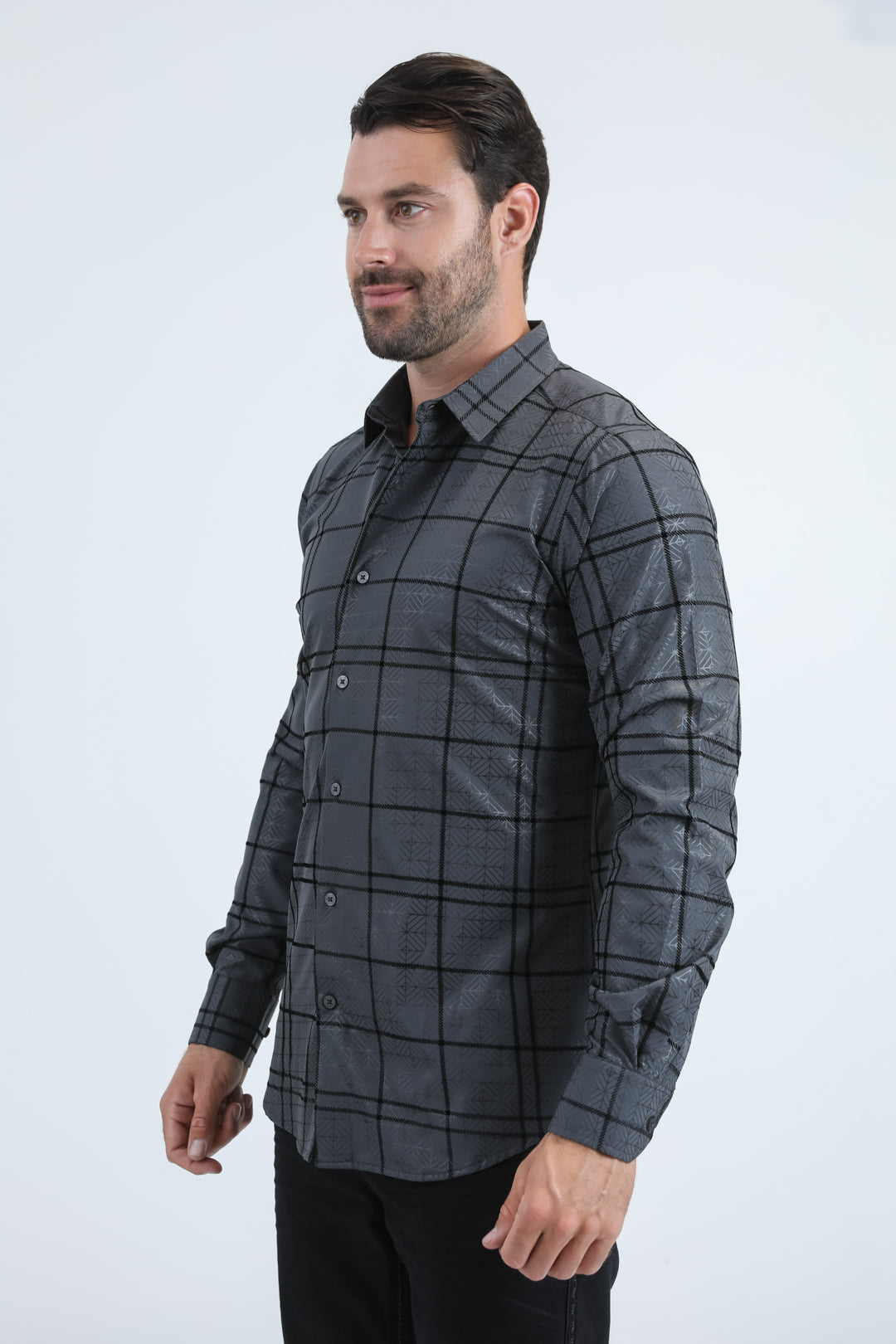 Camisa Platini de licra con corte moderno y flocado para hombre (MFL11188, color carbón)