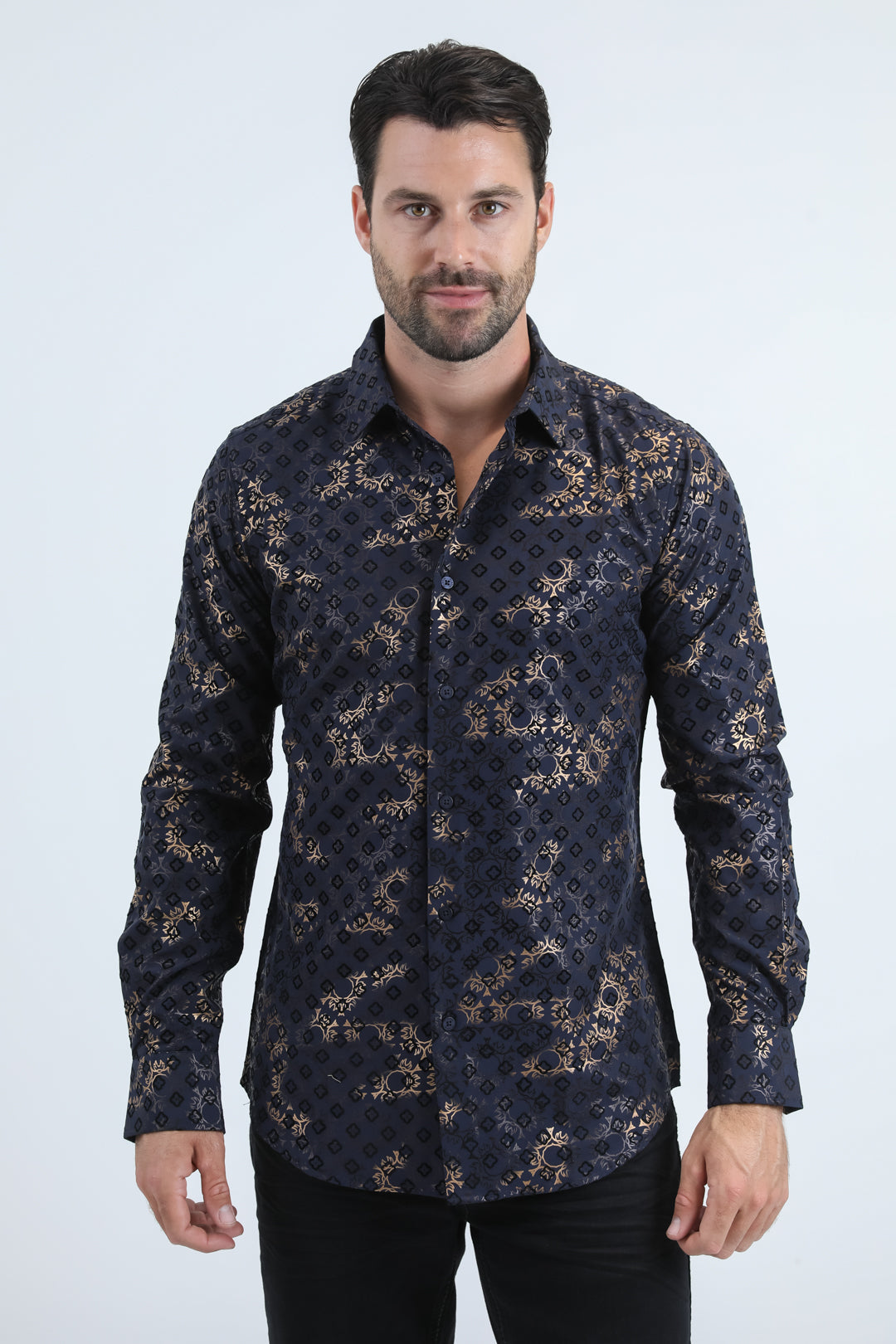 platini dress shirts Platini Men's Modern Fit Stretch Foil Fashion Navy Shirt (MFL11173 Nav – El Herradero Western Wear