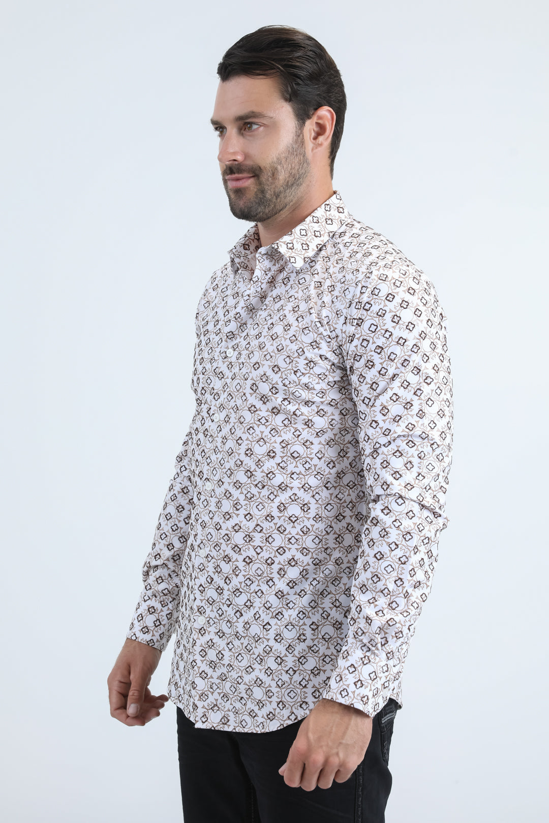 Camisa Platini de spandex flocada de corte moderno para hombre (MFL11171 Blanco)