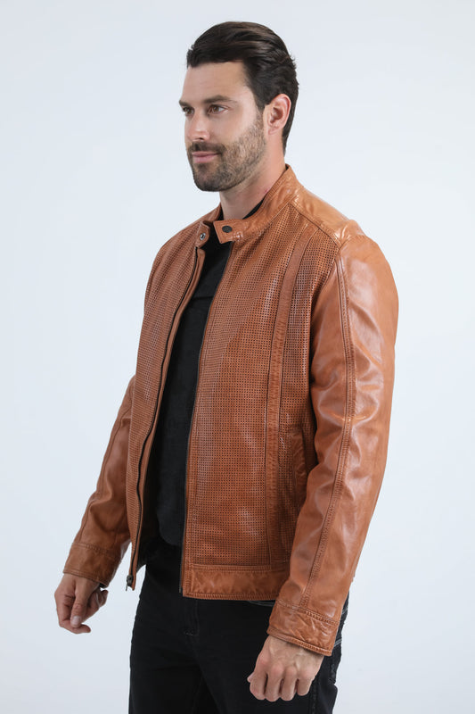 Chaqueta de motociclista perforada Platini de piel auténtica Degas para hombre (PLJ11045)