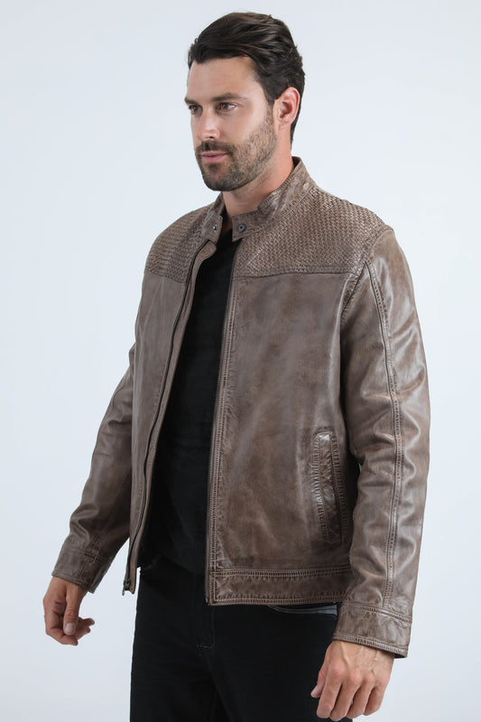 Chaqueta de cuero genuino gris estilo motero perforada para hombre de Platini (PLJ11043)