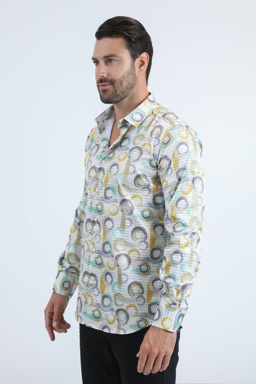 Platini Men's Abstract Interlaced Foil Shirt (FPL10954 Beige)