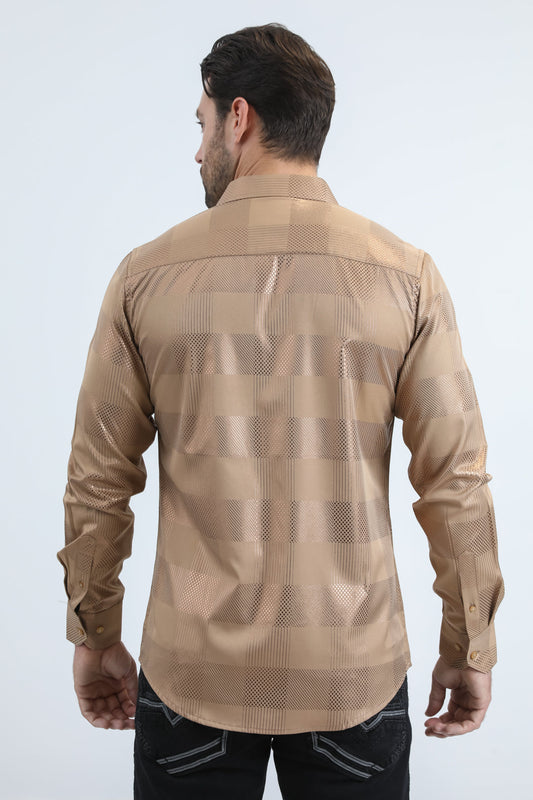 Camisa Platini de corte moderno con estampado metalizado elástico para hombre en beige (FPL11192 Beige)