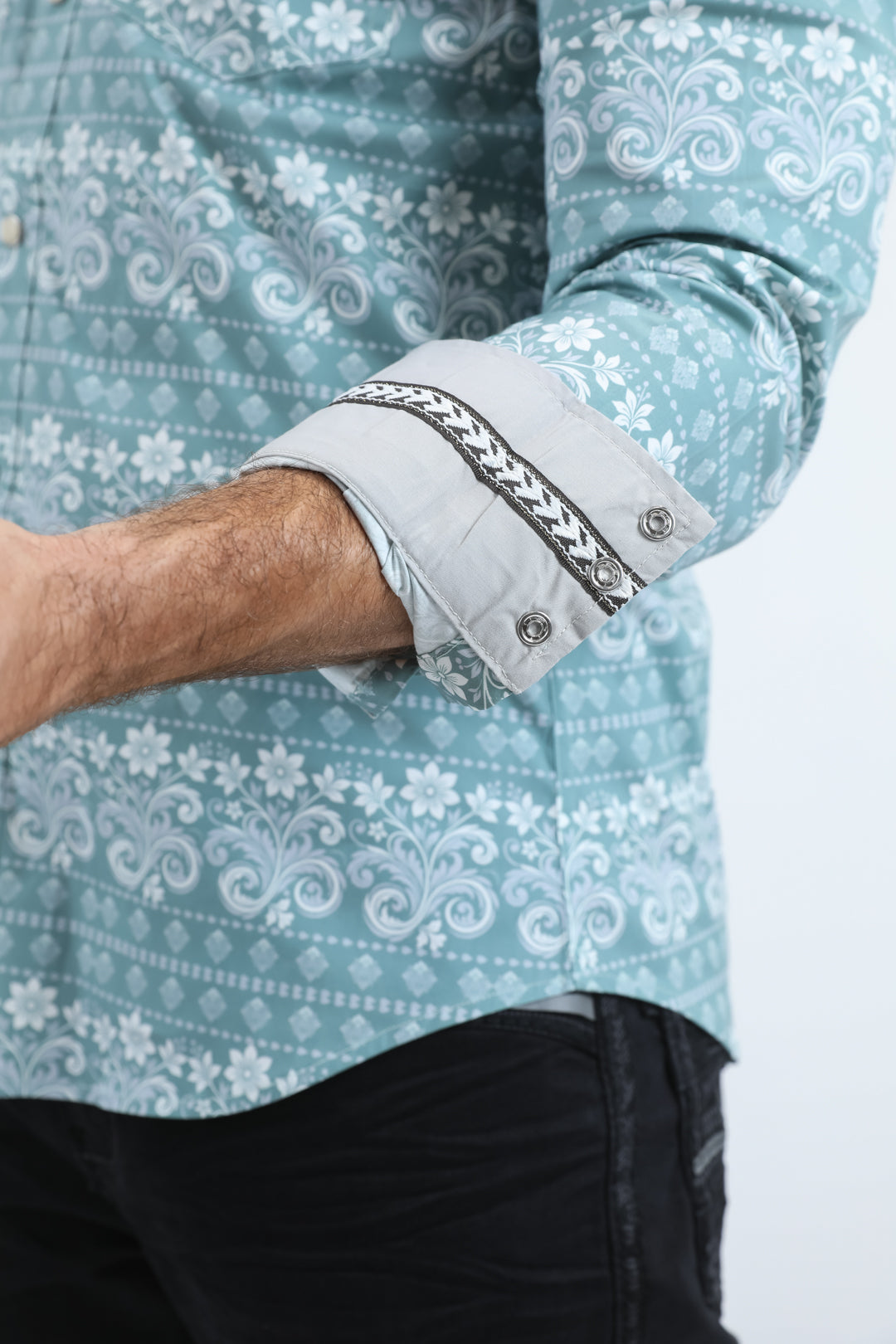 Camisa Platini de algodón/spandex de manga larga azul con broches y corte moderno para hombre (WPL11157 Azul)