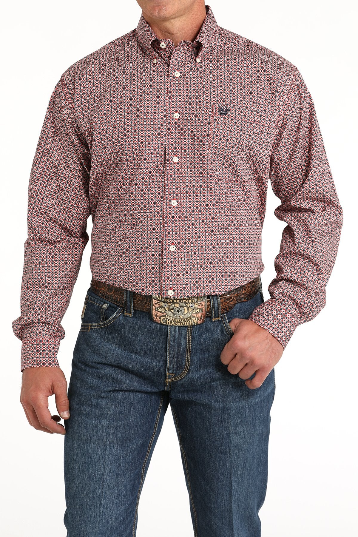 Camisa vaquera con botones y estampado geométrico Cinch para hombre (MTW1105804 - Roja)
