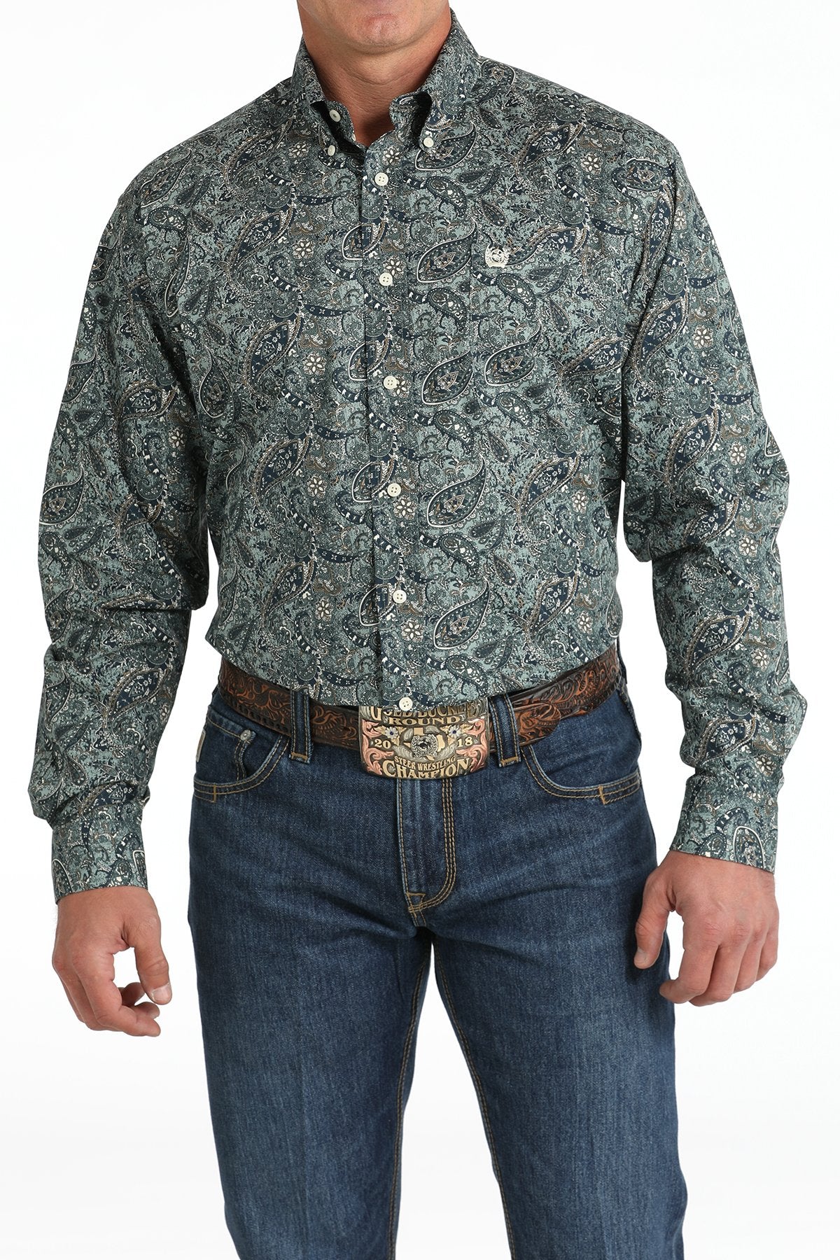 Camisa vaquera Cinch con botones y estampado paisley elástico para hombre (MTW1105811 - Verde)