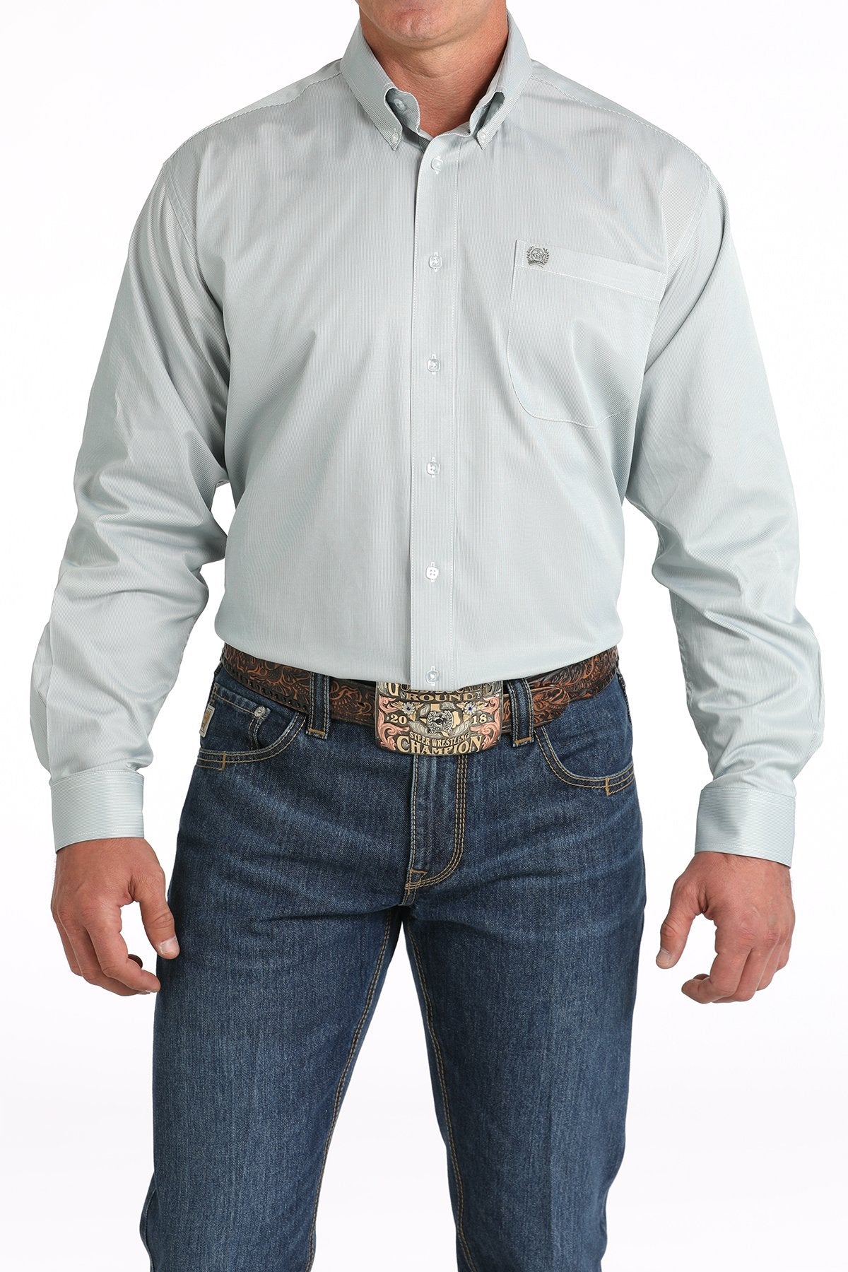 Camisa vaquera Cinch con botones y estampado de microrayas de tencel para hombre (MTW1105814 - Verde/Blanco)