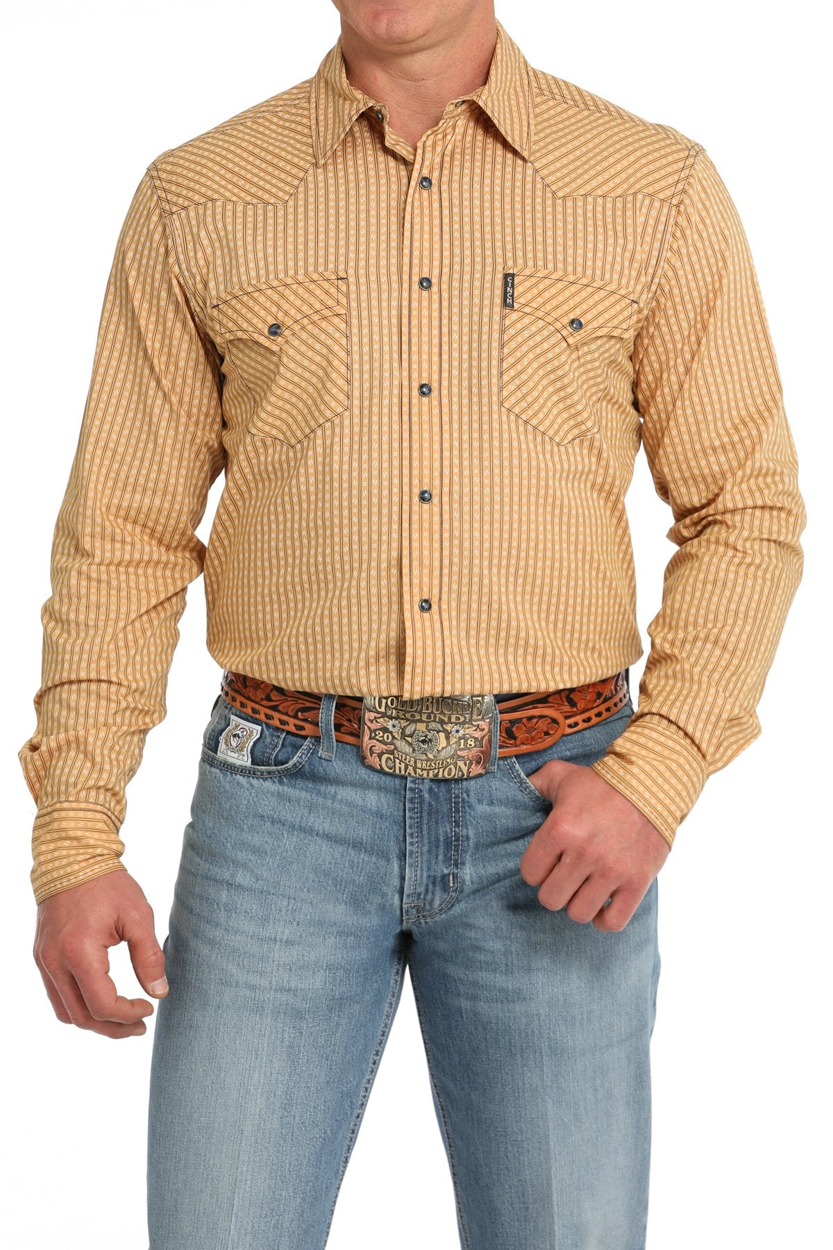 Camisa vaquera Cinch de corte moderno con rayas y cierre a presión para hombre (MTW1303082 - Dorada)
