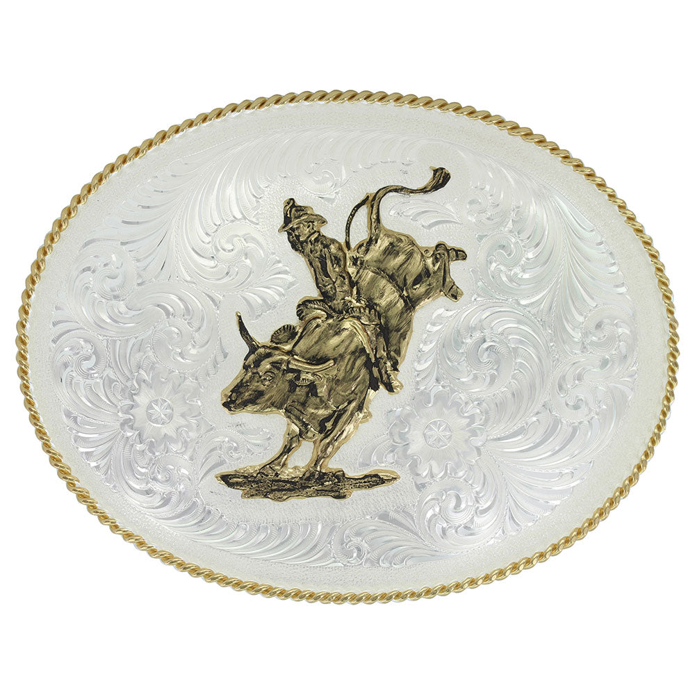 Montana Silversmiths Large Silver Engraved Western Belt Buckle with Bull Rider (2120)