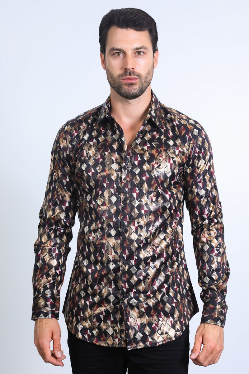 Camisa Platini de corte moderno con estampado metalizado elástico en beige para hombre (FPL10585 Negro)