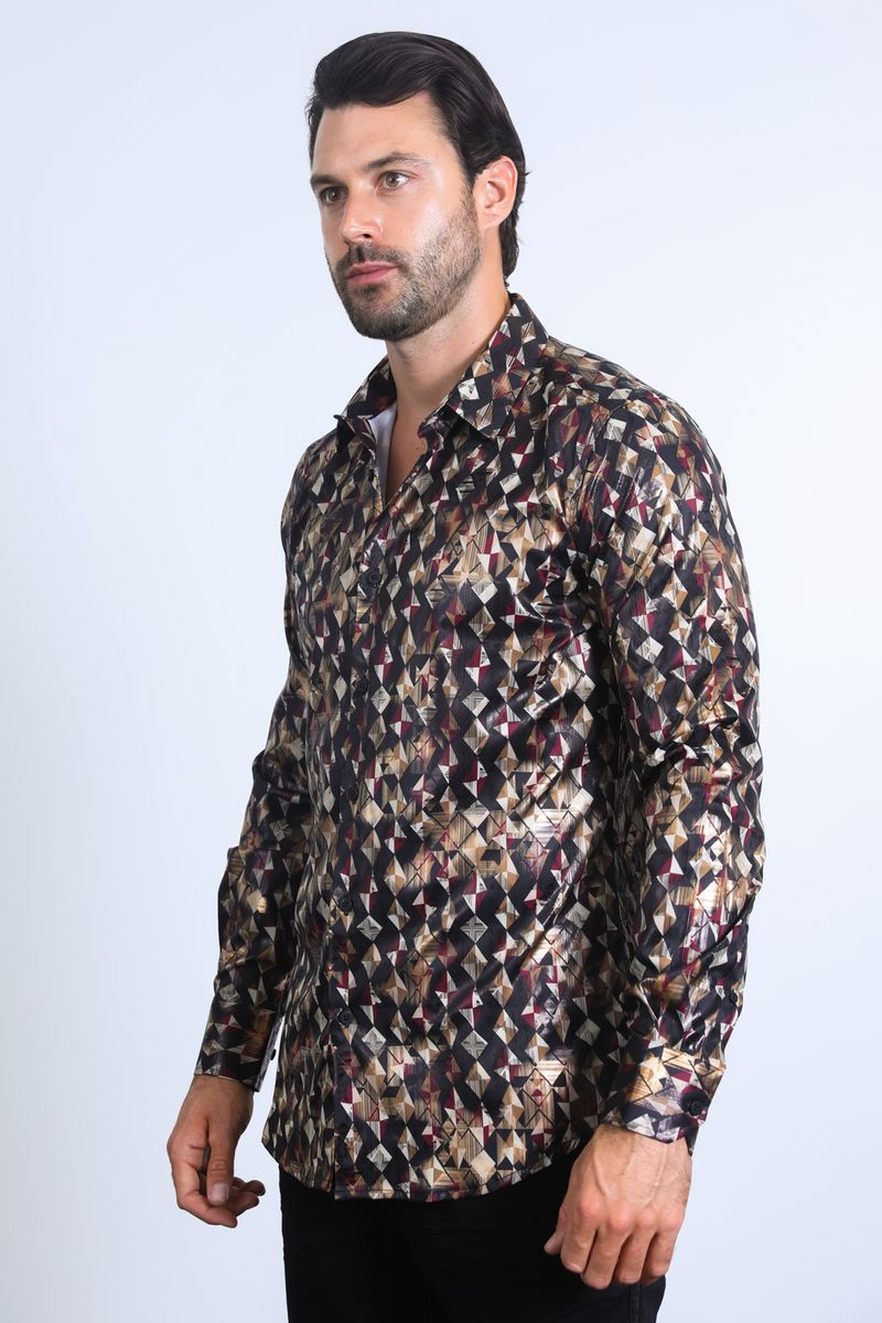 Camisa Platini de corte moderno con estampado metalizado elástico en beige para hombre (FPL10585 Negro)