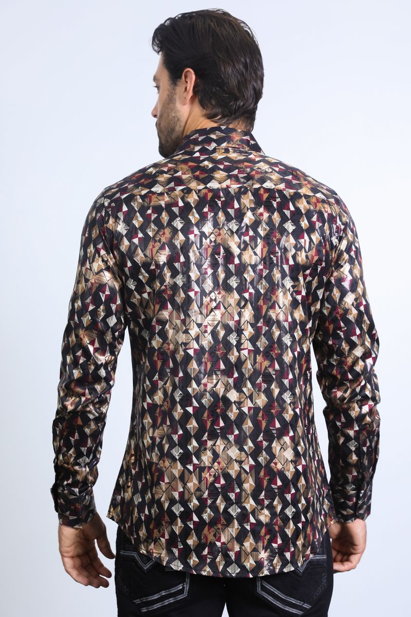 Camisa Platini de corte moderno con estampado metalizado elástico en beige para hombre (FPL10585 Negro)