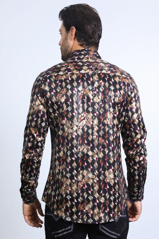 Camisa Platini de corte moderno con estampado metalizado elástico en beige para hombre (FPL10585 Negro)