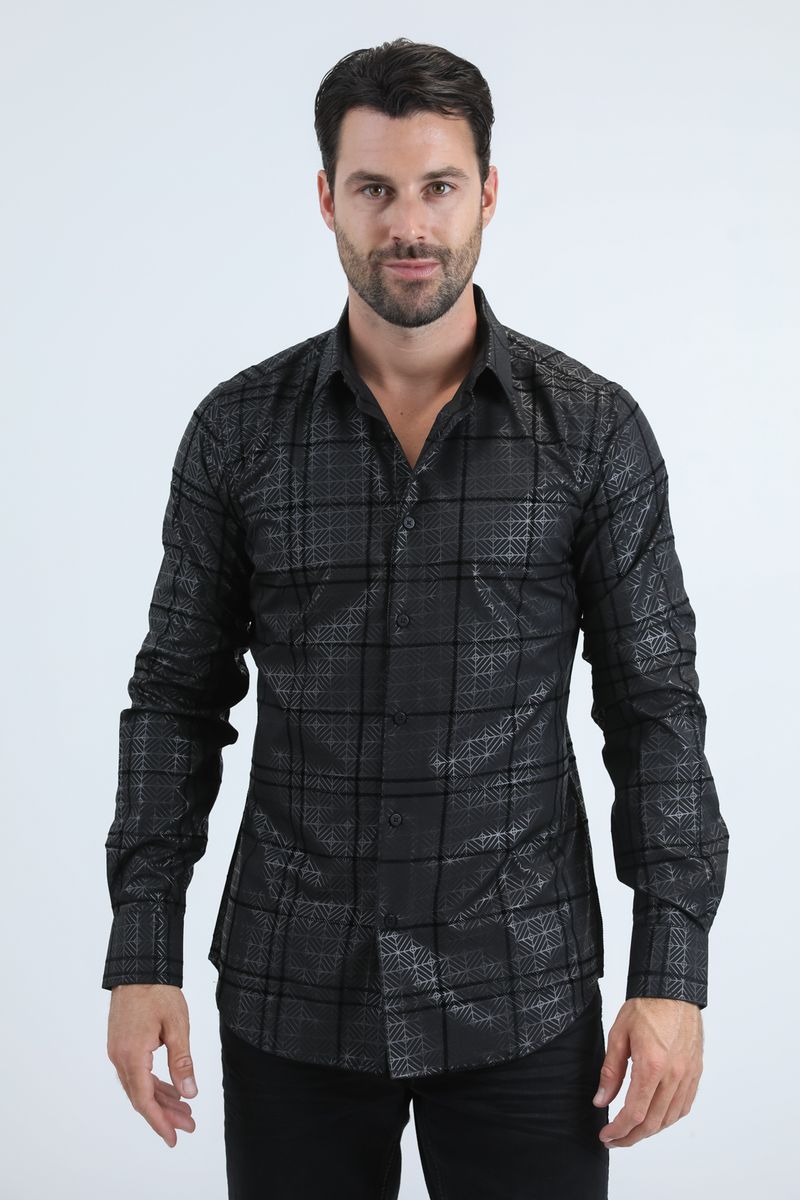 Camisa Platini de spandex negra con corte moderno y flocado para hombre (MFL11186 Negro)