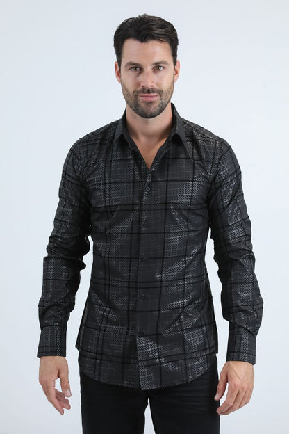 Camisa Platini de spandex negra con corte moderno y flocado para hombre (MFL11186 Negro)