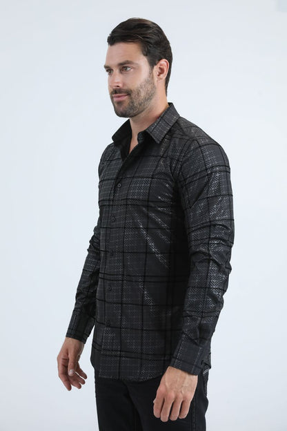Camisa Platini de spandex negra con corte moderno y flocado para hombre (MFL11186 Negro)