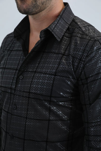 Camisa Platini de spandex negra con corte moderno y flocado para hombre (MFL11186 Negro)