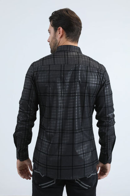 Camisa Platini de spandex negra con corte moderno y flocado para hombre (MFL11186 Negro)