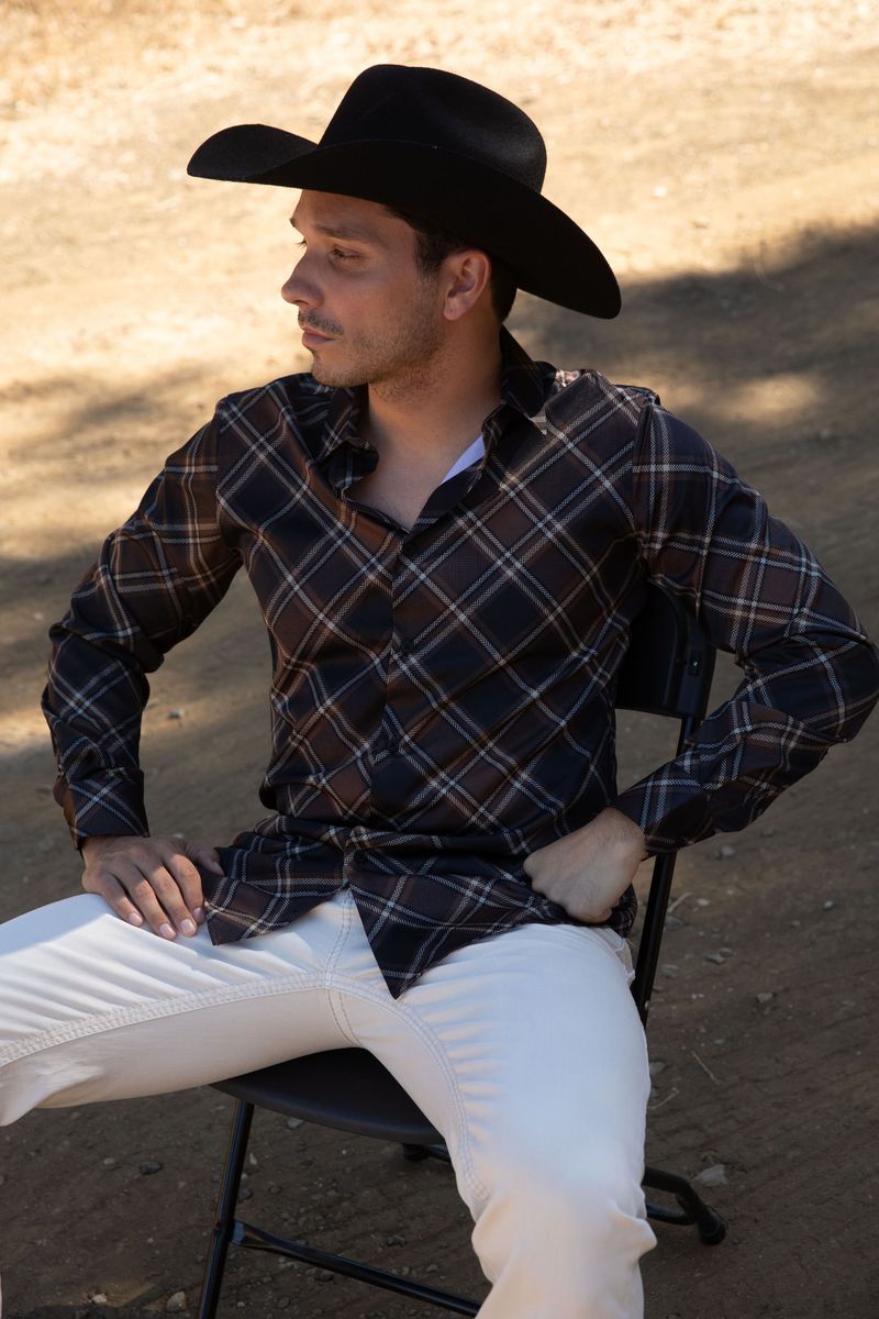 Camisas Platini de manga larga a cuadros azules para hombre (CHL11233 Negro)