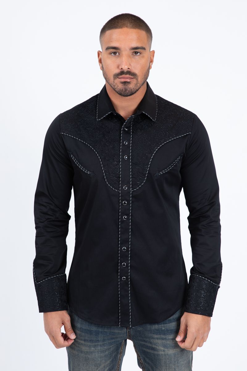 Camisa de manga larga para hombre Platini con bordado damasco (ECL11527 Negro)