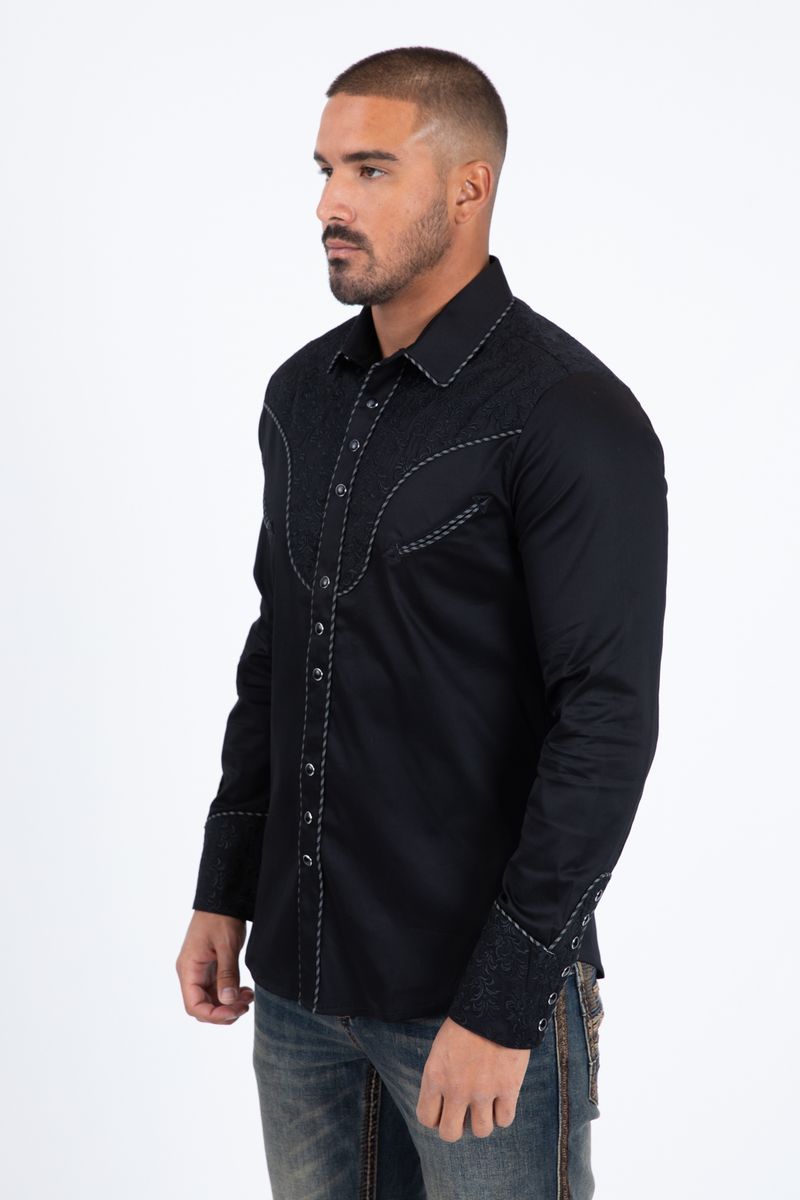Camisa de manga larga para hombre Platini con bordado damasco (ECL11527 Negro)