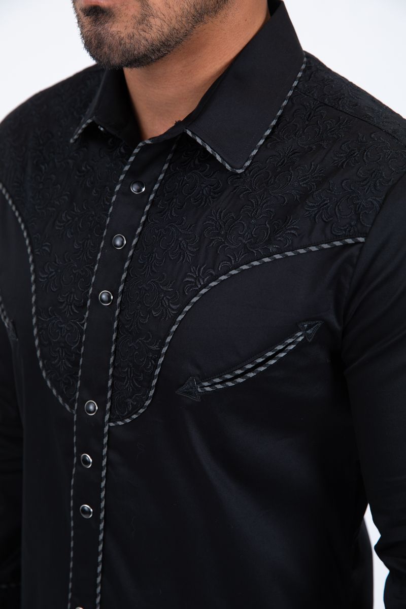 Camisa de manga larga para hombre Platini con bordado damasco (ECL11527 Negro)