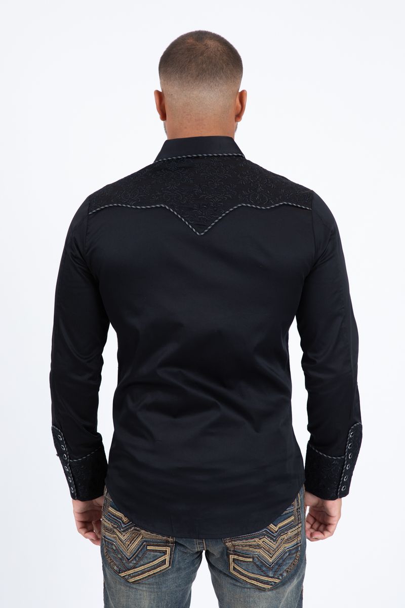 Camisa de manga larga para hombre Platini con bordado damasco (ECL11527 Negro)