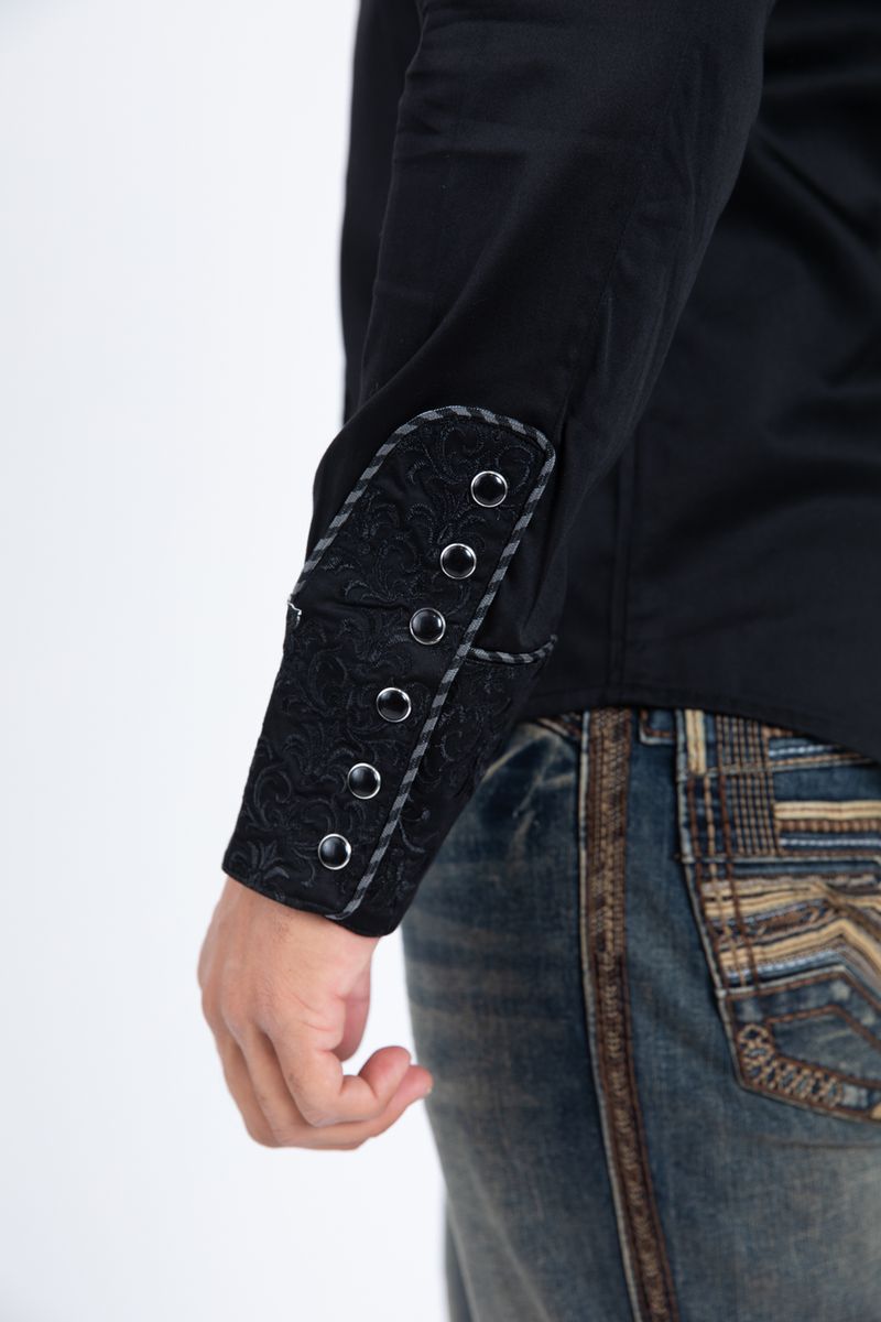 Camisa de manga larga para hombre Platini con bordado damasco (ECL11527 Negro)