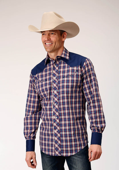 Camisa vaquera Roper de manga larga con botones a presión en azul marino, rojo y crema a cuadros, con canesú liso y bolsillos laterales (01-001-0087-1062 BU)