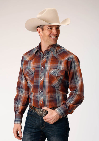 Roper Men's Long Sleeve Snap Brown Navy Cream Plaid Western Shirt (01-001-0101-1066 BR)