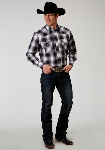 Roper Men's Long Sleeve Snap Black and White Plaid Western Shirt (01-001-0101-3005 BL)