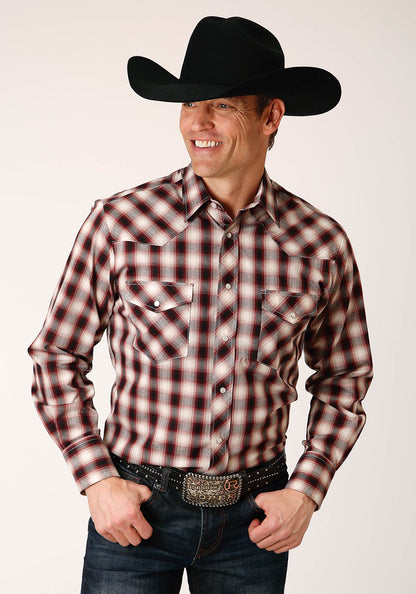 Roper Men's Long Sleeve Snap Wine Black Cream Plaid Western Shirt (01-001-0101-6036 WI)