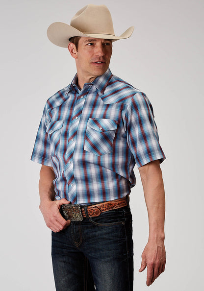 Camisa vaquera de manga corta con broches a cuadros estilo americana Roper para hombre (01-002-0101-3006 GY)