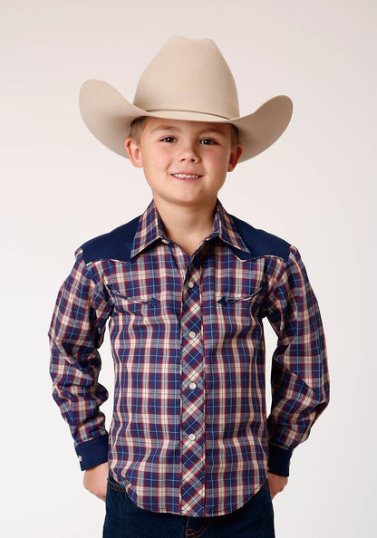 Roper Boy's Long Sleeve Snap Navy Red Cream Plaid Western Shirt with Solid Yokes and Smile Pockets (01-030-0087-1062 BU)