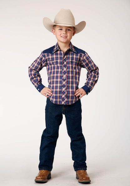 Roper Boy's Long Sleeve Snap Navy Red Cream Plaid Western Shirt with Solid Yokes and Smile Pockets (01-030-0087-1062 BU)